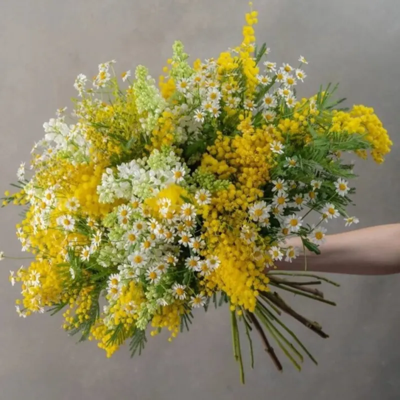 Buchet din liliac, mimoze și tanacetum